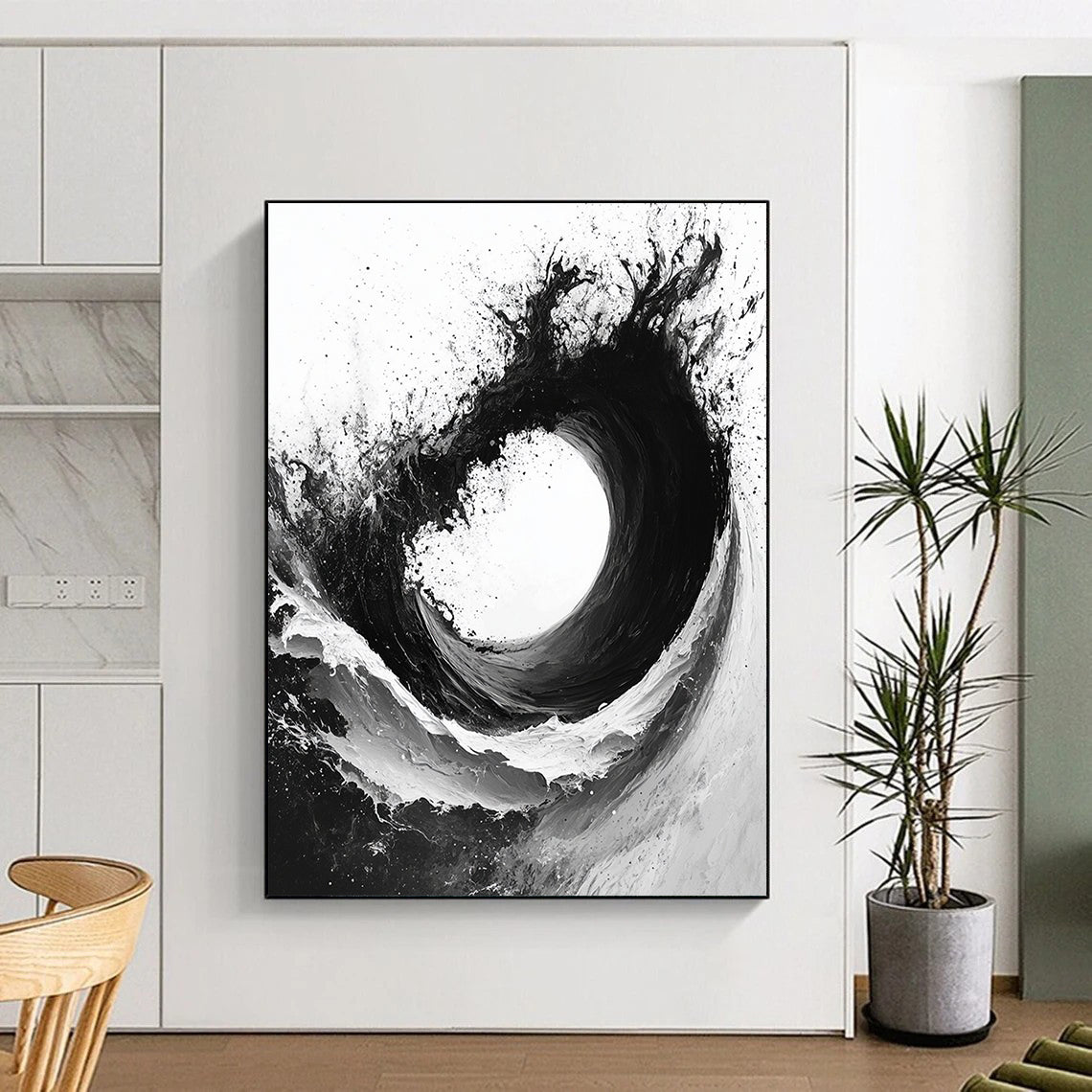 Black & White Ink Wave - “Powerful Ink Surge” Painting On Canvas HB229