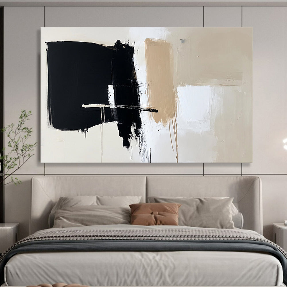 “Black Beige White Minimalist Strokes” - Black, beige, white; Minimalist abstract with bold brushstrokes HB1287