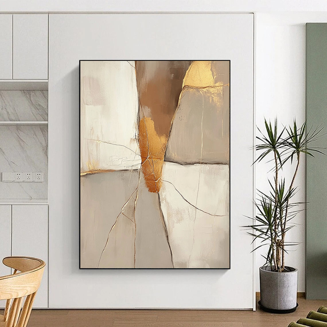 Contemporary hand-painted abstract artwork featuring a beige background with golden cracks and neutral tones in brown and gold. DLZ0290