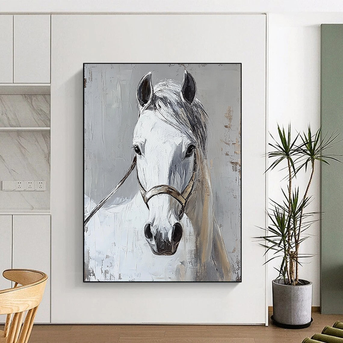 Contemporary abstract painting featuring a white horse head on a grey background showcasing vibrant colors and dynamic brushstrokes. DLZ1744