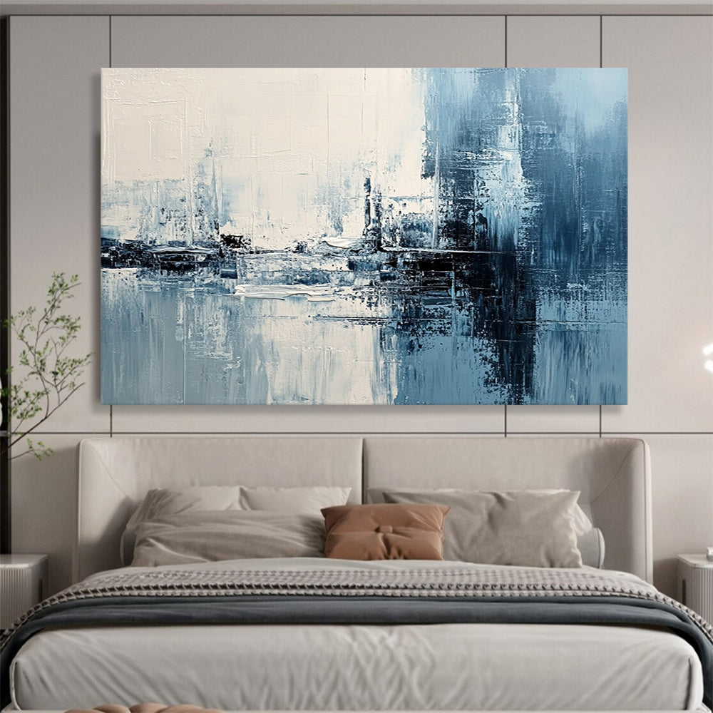 “Blue - White Abstract Textured Reflections” - Blue, White, Textured Reflections Painting On Canvas HB0841