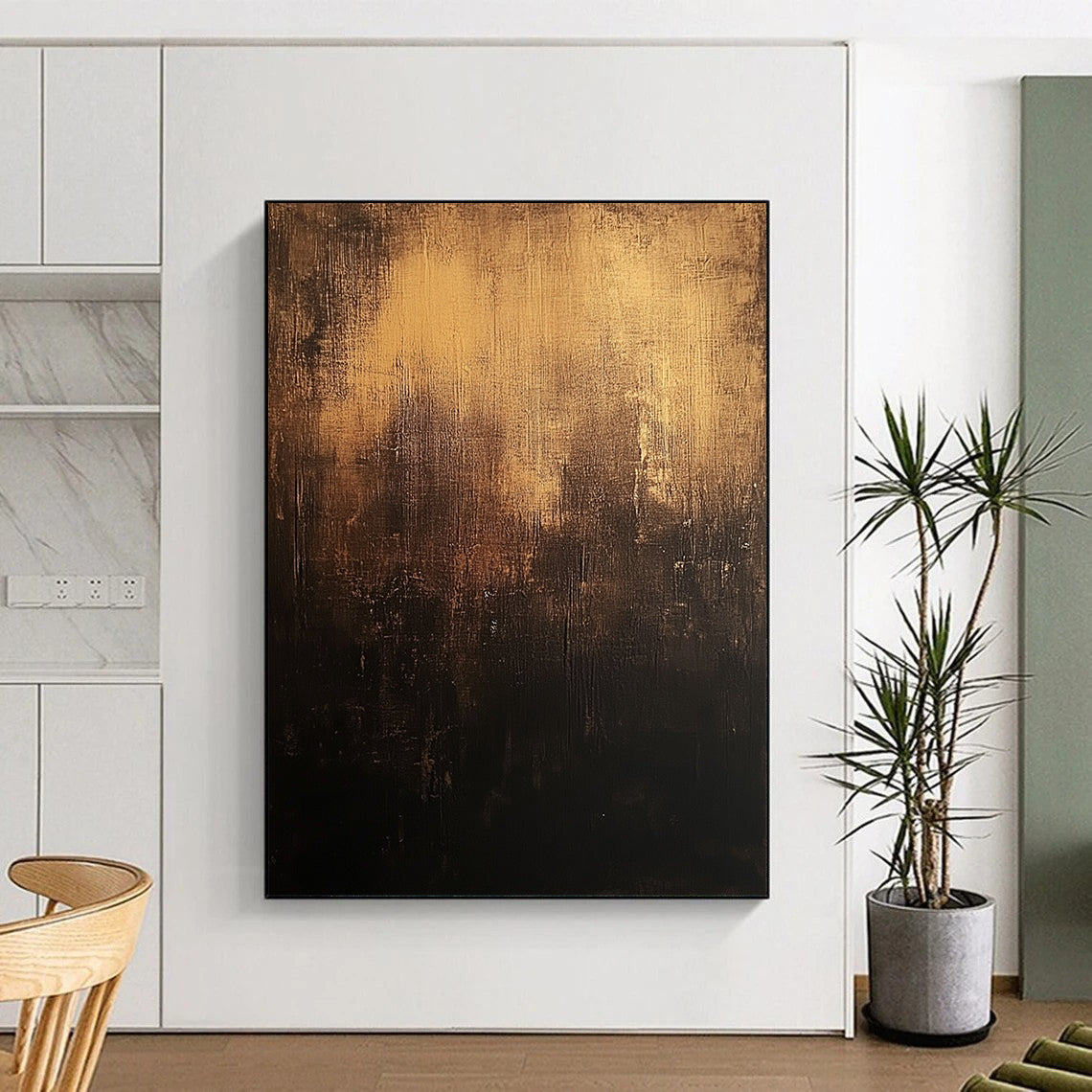 Contemporary abstract art features a dark brown distressed background with textured dark grays and subtle gold accents in a captivating style. DLZ1241