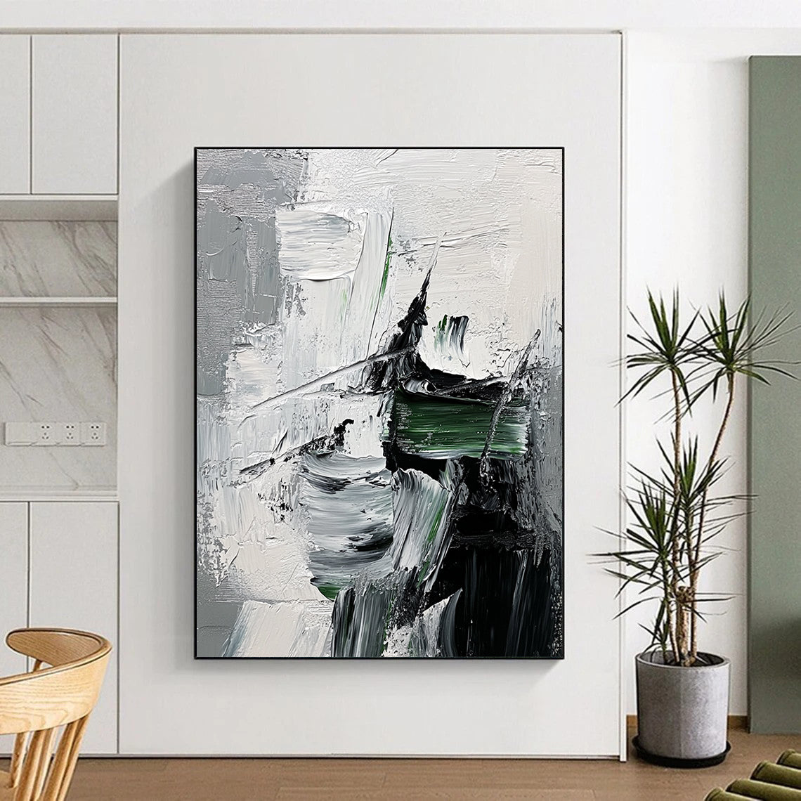 Contemporary abstract painting showcasing impasto textures with green strokes on a monochrome grey and black backdrop featuring a hint of fur detail. DLZ0748