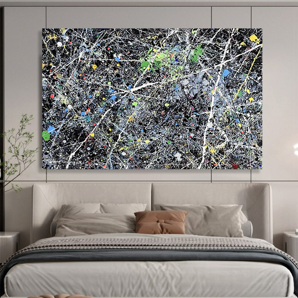 “Colorful Splatter Abstract” - Black, Colorful Splatters, White Lines - Painting On Canvas HB1433