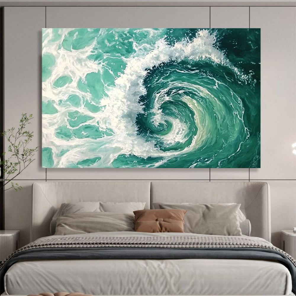 “Turquoise Ocean Vortex” - Turquoise, White, Spiral Waves Painting On Canvas HB0733