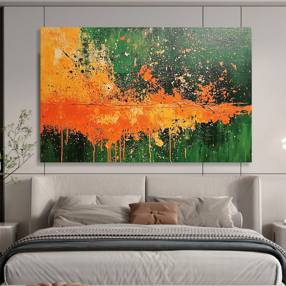 “Explosive Green and Orange” - Bright Greens, Oranges, and Whites, Energetic Splatter - Style Abstract Painting On Canvas HB0911