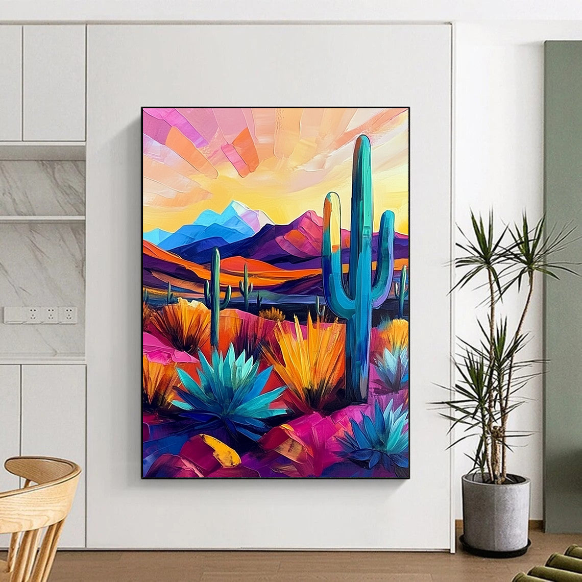 Vibrant modern abstract painting showcasing the Arizona desert with cacti and mountains in bold pink, blue, purple, yellow, and orange hues. DLZ1124