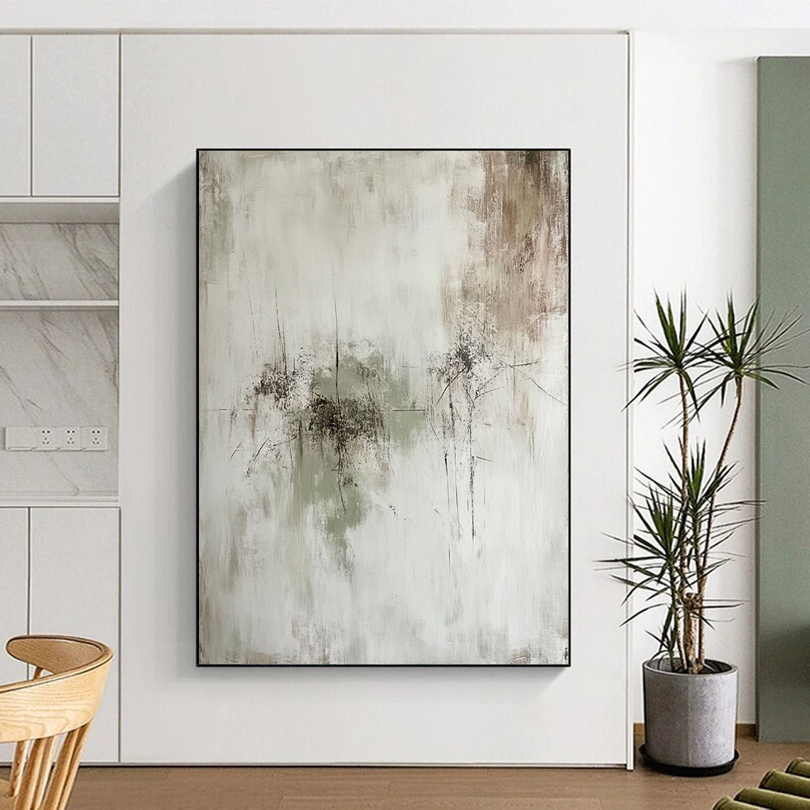 Contemporary hand-painted abstract artwork features a minimalist composition with subtle textures and muted tones of gray green and brown. DLZ0817