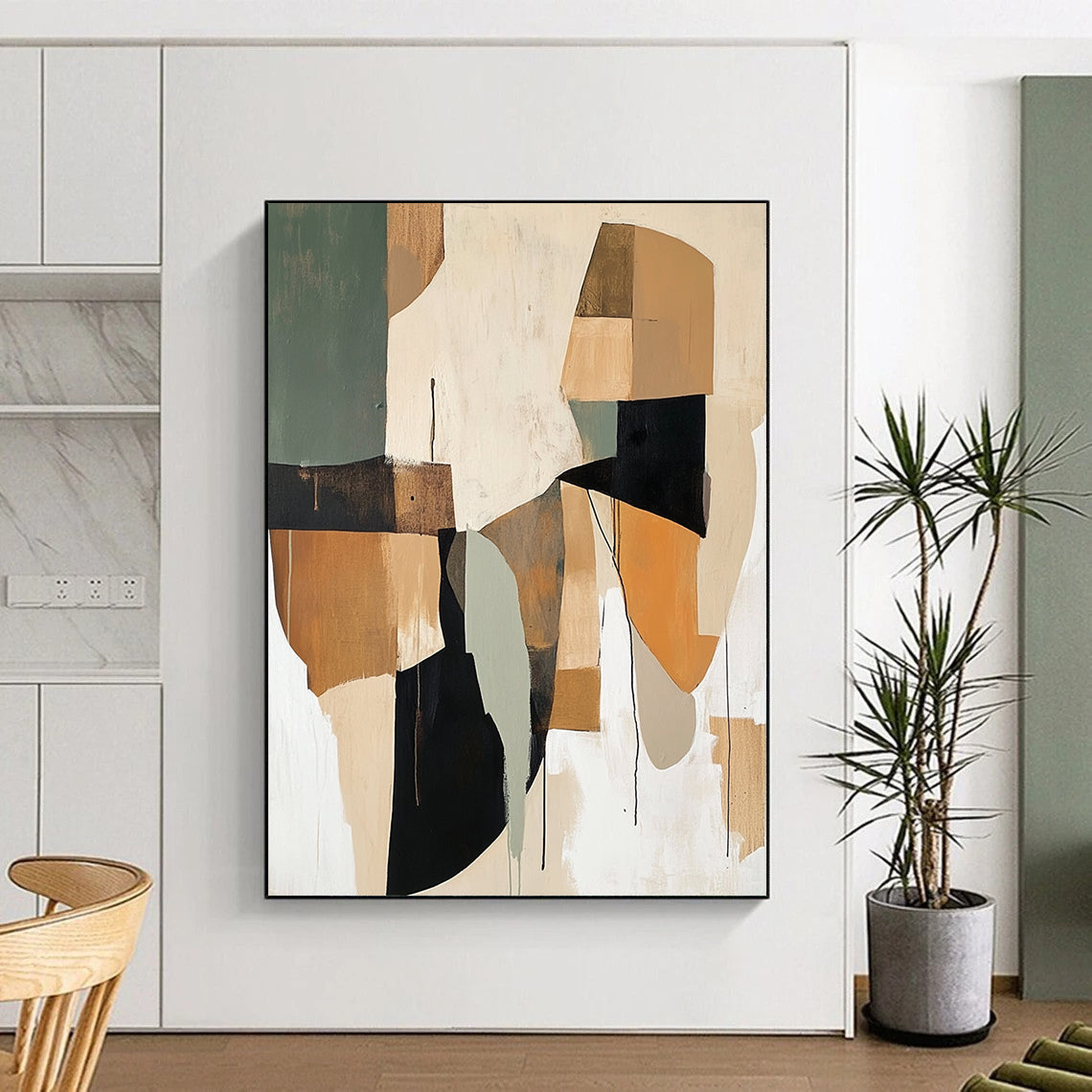 Contemporary abstract painting showcases loose brushwork with earthy beige and sage green shapes accented by brown black white and orange. DLZ0755