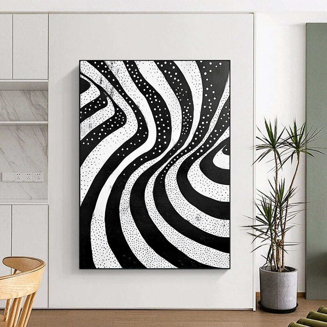 Black and White Wavy Dots "Rhythmic Flow" Painting On Canvas HB255