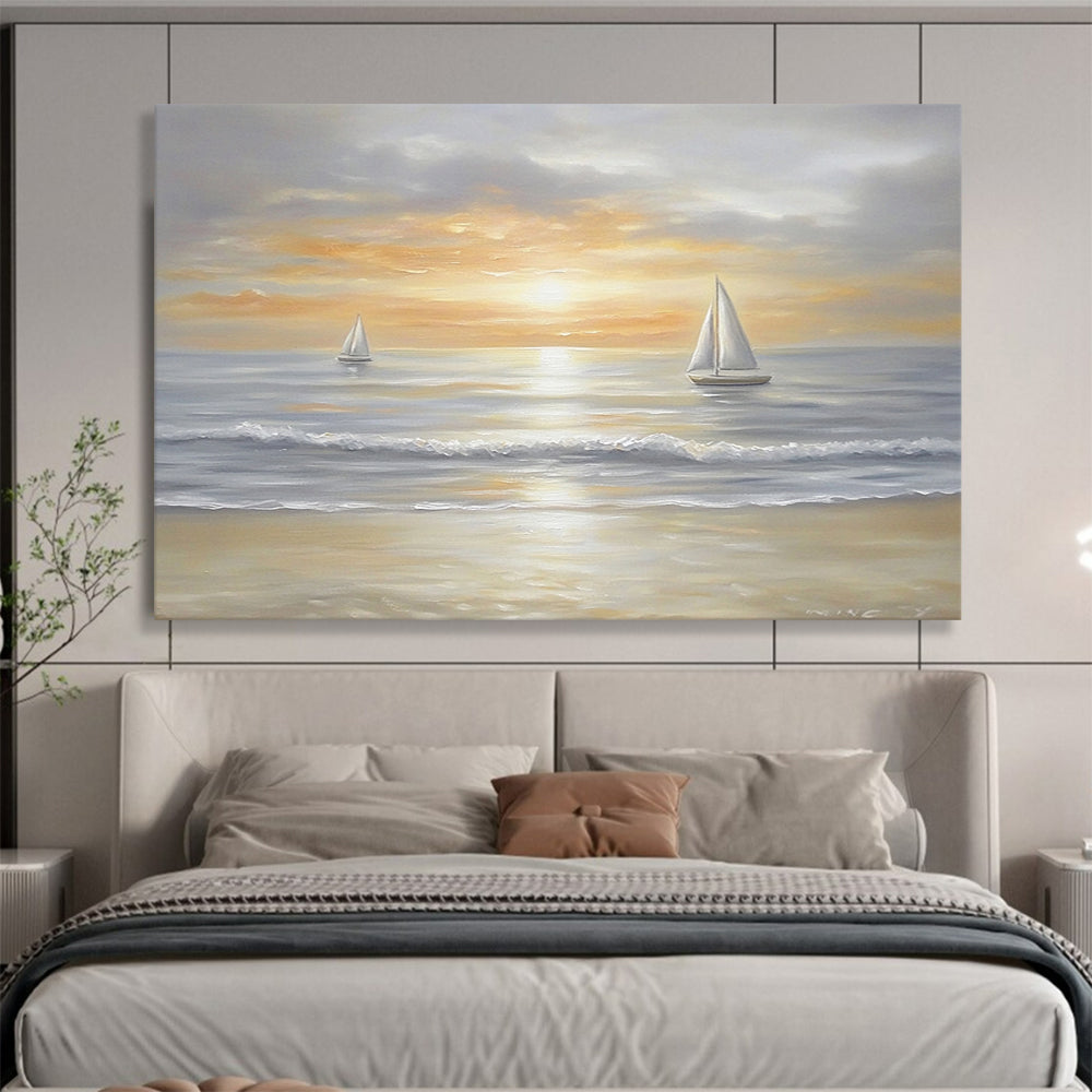“Sailboats at Dusk” - Neutrals, Oranges, Yellows, Sailboats on Calm Sea at Sunset - Oil Painting HB1757