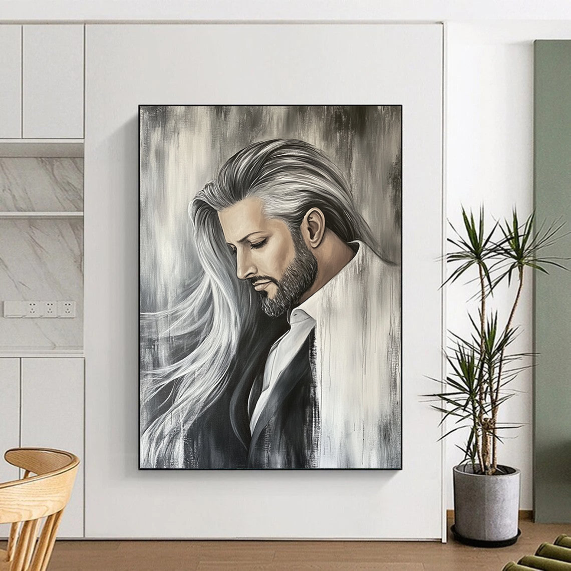 Contemporary hand-painted abstract art featuring a white horse with a flowing mane against a muted grey backdrop, capturing dynamic movement and elegance. DLZ1514