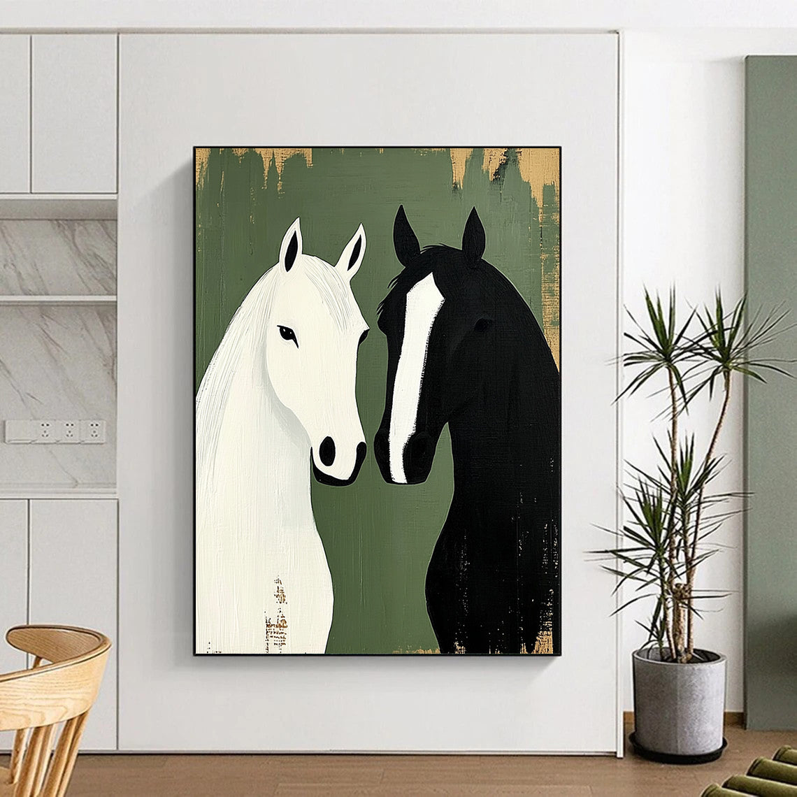 Contemporary abstract artwork featuring two horses in minimalist style against a green background, capturing rustic farmhouse charm and harmony in design. DLZ1719