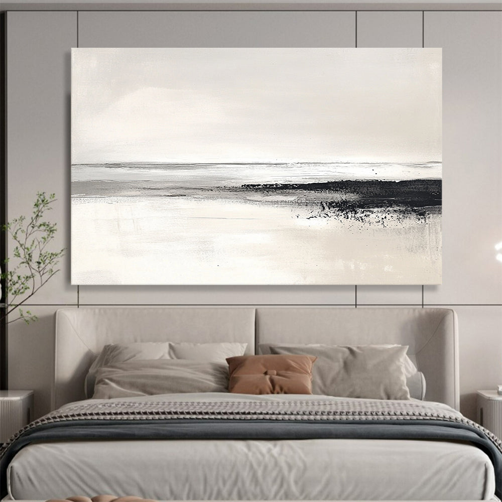 “Monochrome Coastline” - Black, White, Gray, Textured Shore and Calm Sea Painting On Canvas HB0932