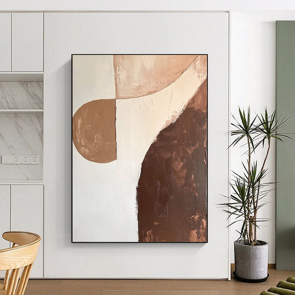 Contemporary abstract artwork featuring organic shapes in brown and white with soft edges and minimalist design, emphasizing fluid lines and canvas texture. DLZ0997