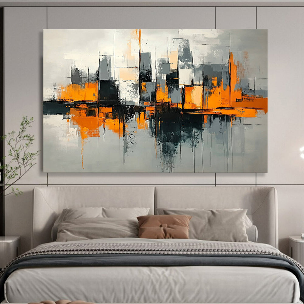 “Urban Geometry in Orange” - Orange, Gray, Black, Abstract Cubist Cityscape Painting On Canvas HB1079