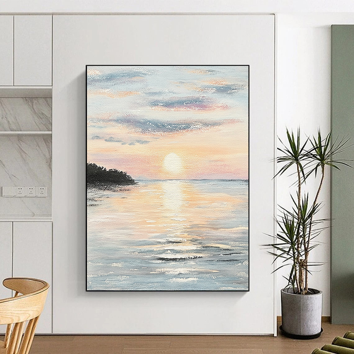 Contemporary hand-painted abstract artwork capturing serene coastal sunset hues reflecting on calm waters, evoking tranquility and peace. DLZ1458