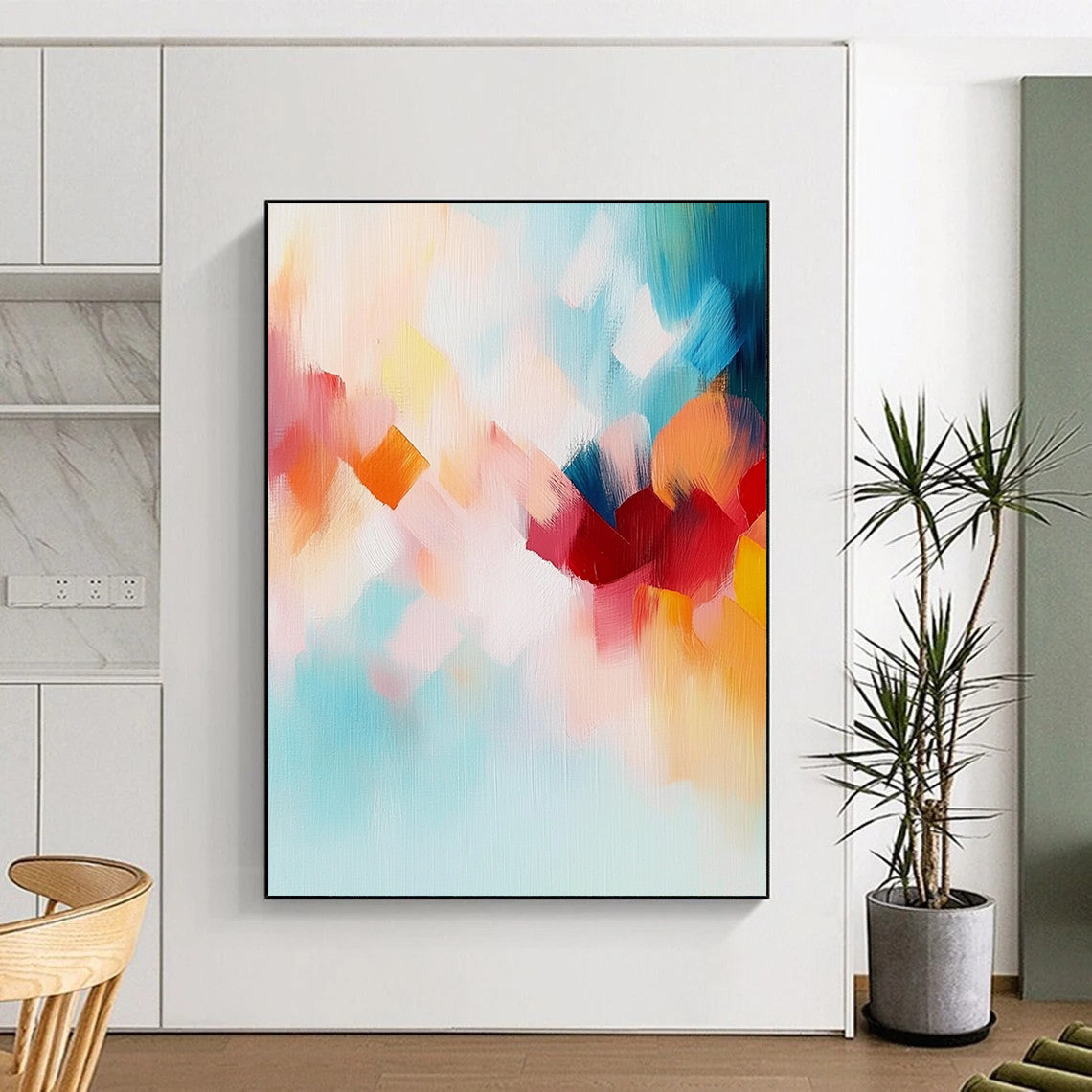 Contemporary abstract painting features soft pastel tones and a joyful blend of turquoise, red, orange, and cloud-like shapes to evoke freedom and nature. DLZ0441