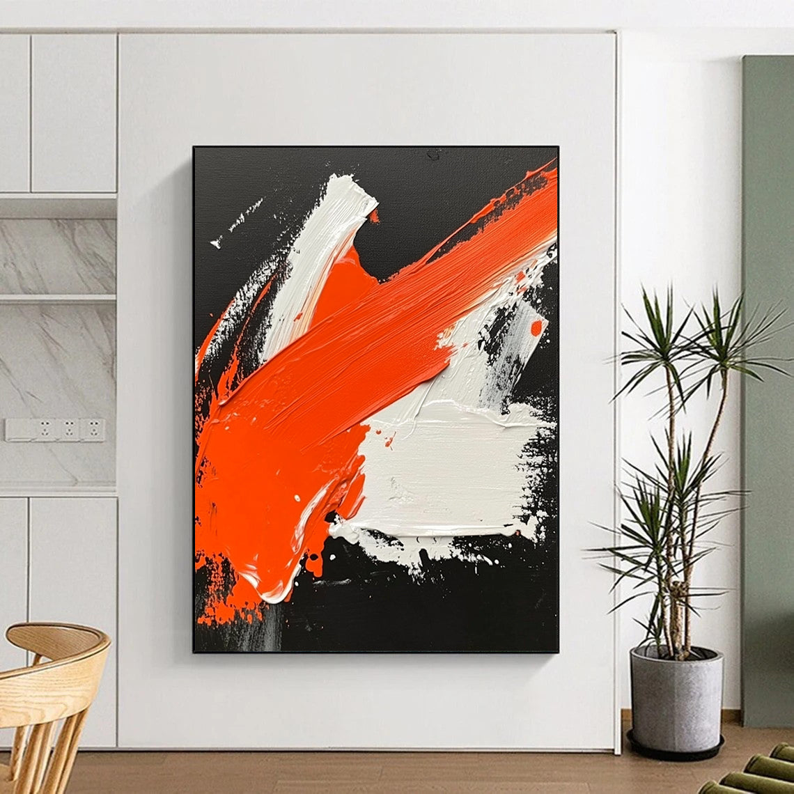 Contemporary hand-painted abstract artwork featuring dynamic orange and white strokes on a striking black background inspired by Wu Guanzhong. DLZ0499