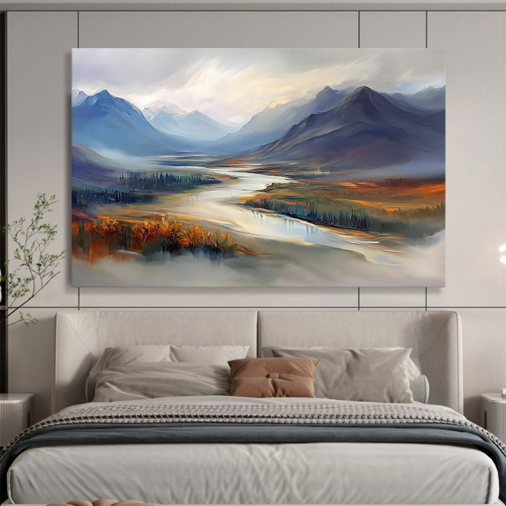 Misty Mountain Valley with River - Ethereal Landscape Painting On Canvas HB0452
