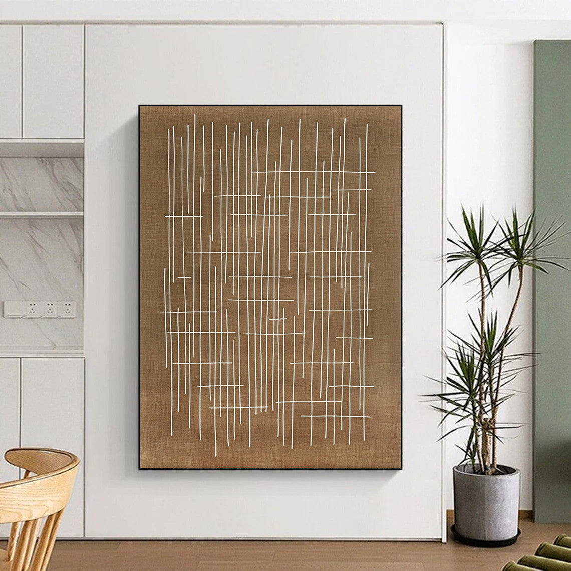 Contemporary abstract artwork featuring geometric patterns with white lines on a brown background inspired by Japanese calligraphy and Paul Klee's style. DLZ1159