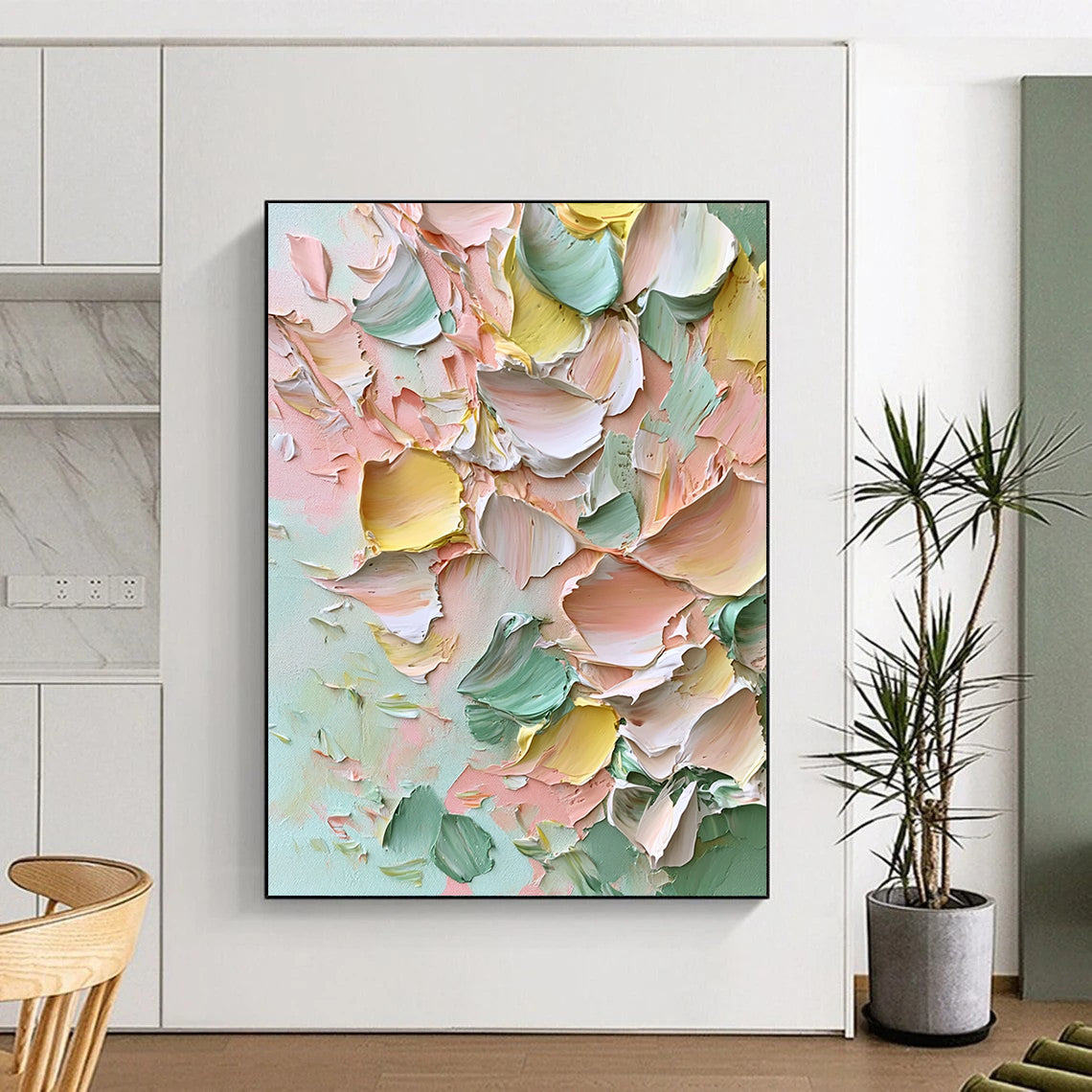 Contemporary large hand-painted abstract artwork featuring thick impasto strokes of soft pinks greens yellows and whites creating dreamy floral textures. DLZ1225