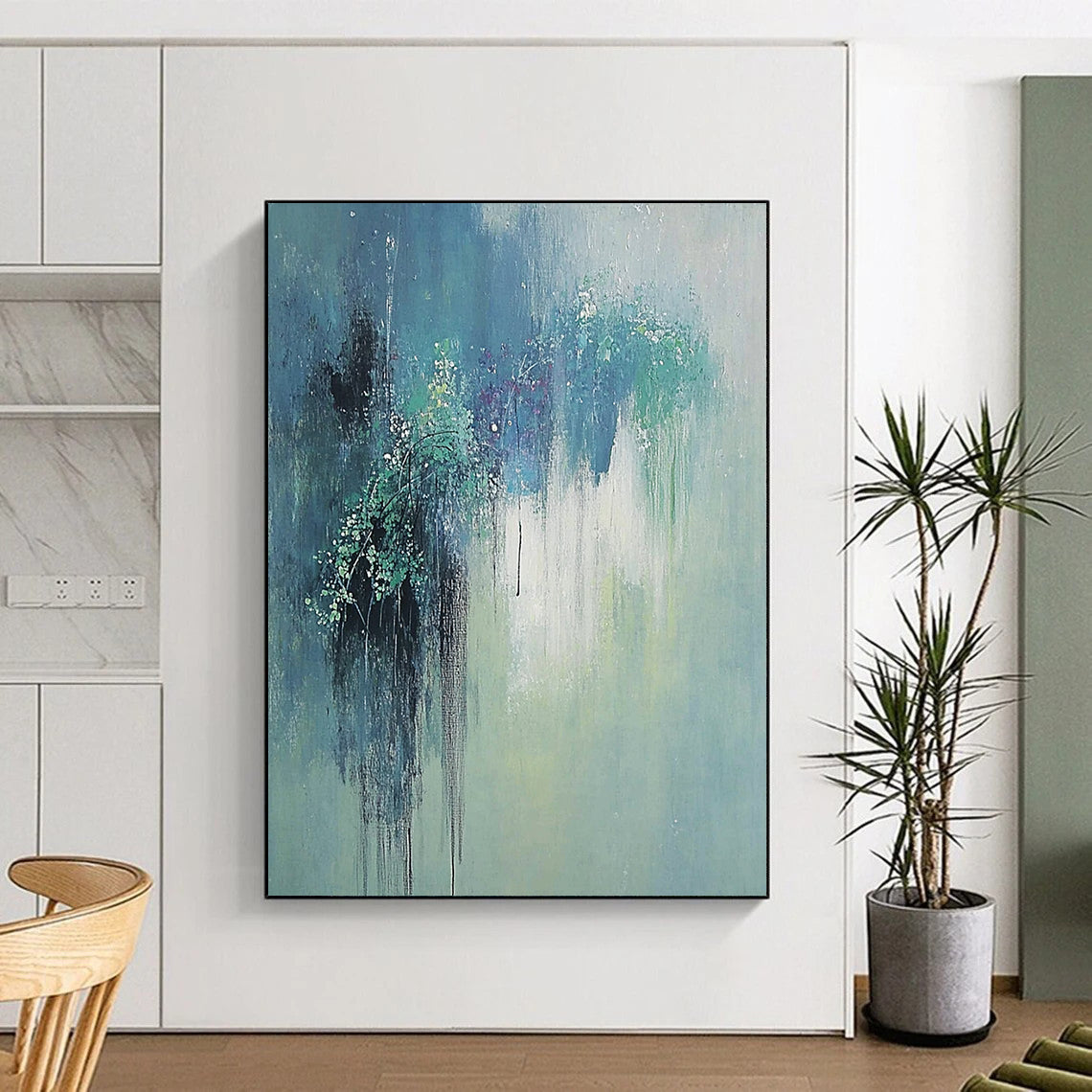 Large contemporary hand-painted abstract artwork featuring gentle hues of green and blue with elegant willow reflections and a serene, dreamy atmosphere. DLZ1179