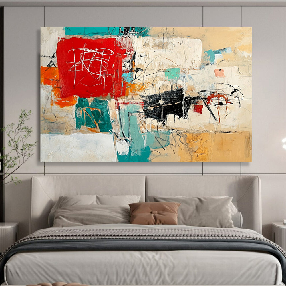 “Colorful Chaos” - Red, Teal, Orange, Expressive Marks - Abstract Expressionist Acrylic Painting HB1540