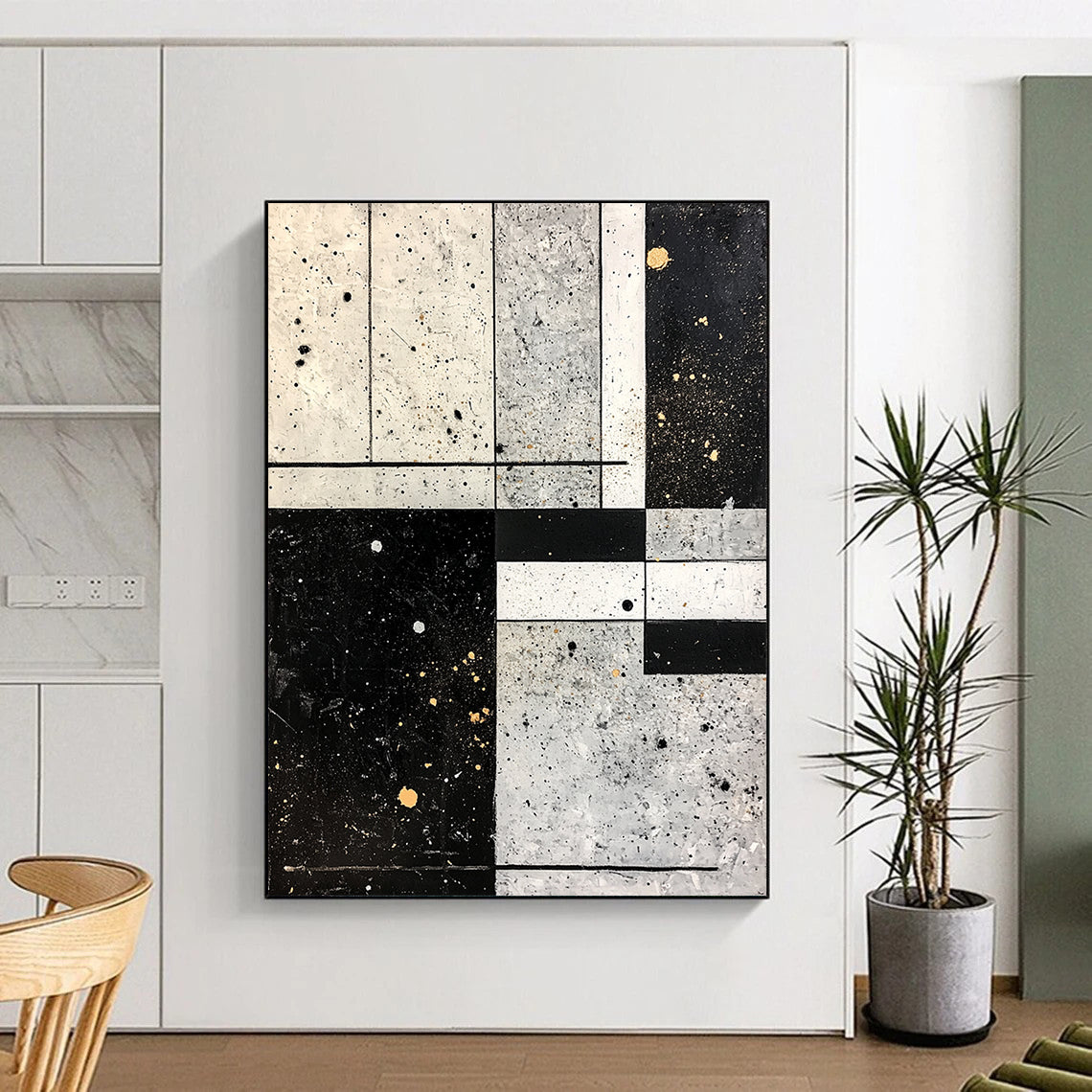 Black, White, Gray, Gold with Grid Splatter "Industrial Chic" Abstract Painting On Canvas HB015