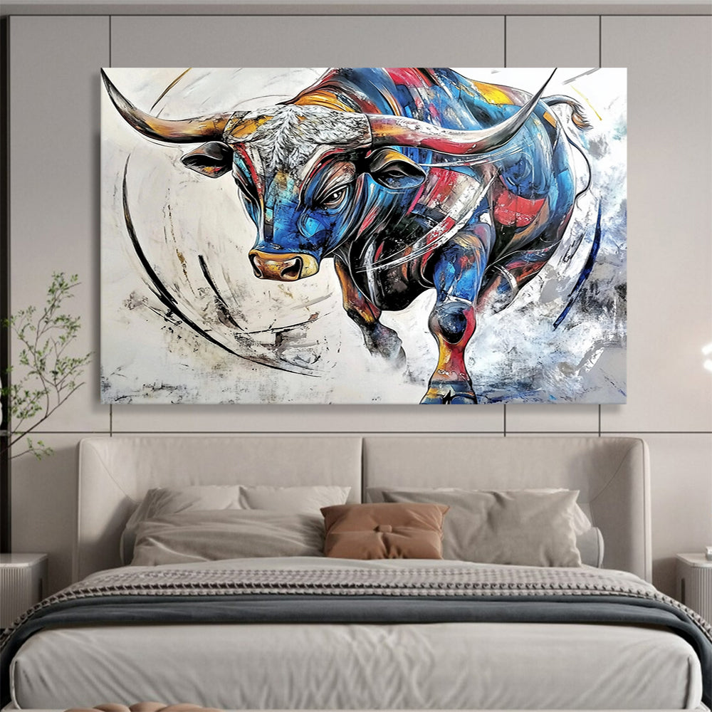 “Colorful Charging Bull” - Vibrant multicolor bull, Dynamic Painting On Canvas HB0577