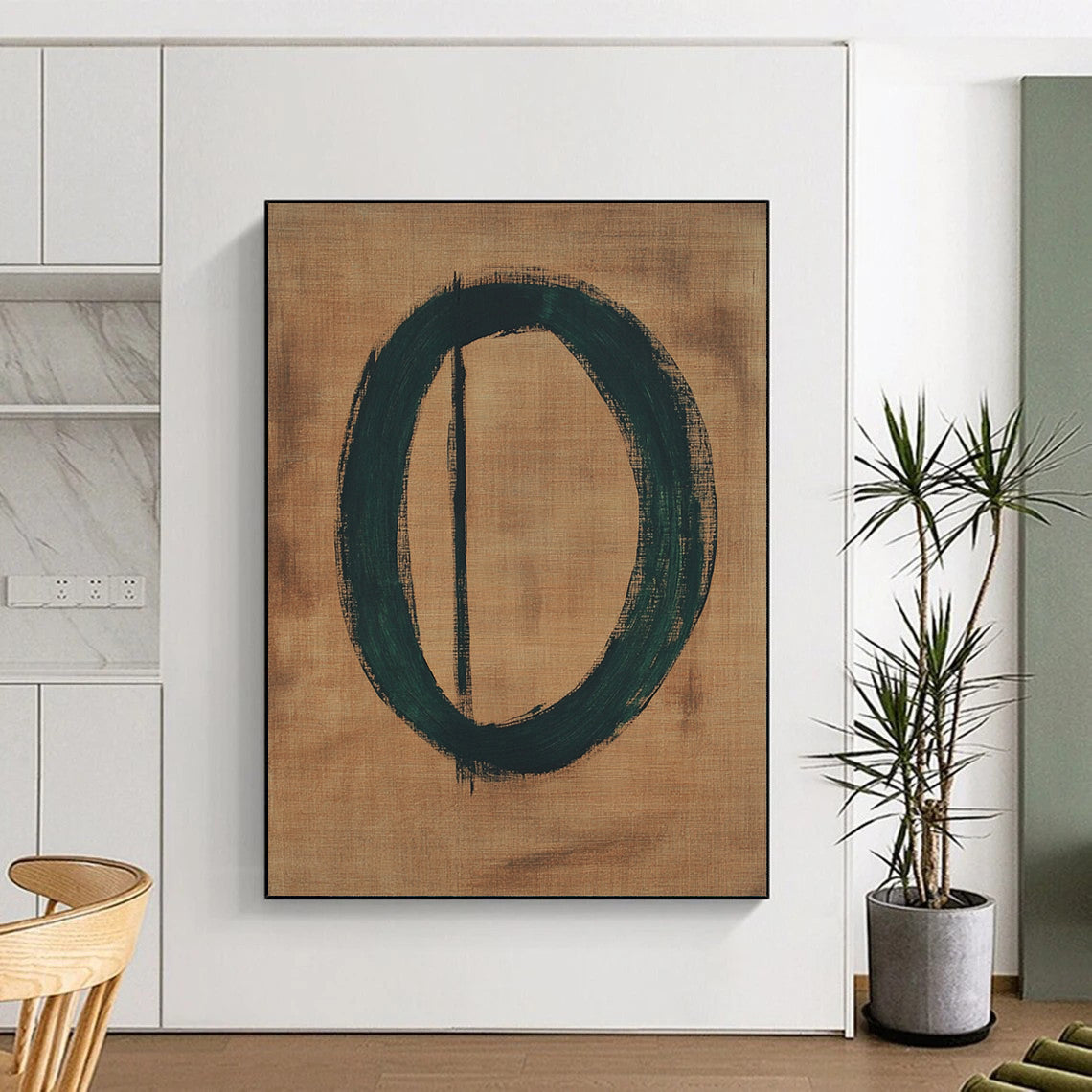 Contemporary abstract art features a green circular number zero on brown paper accented by thin black lines, crafted in an oil painting style. DLZ1466