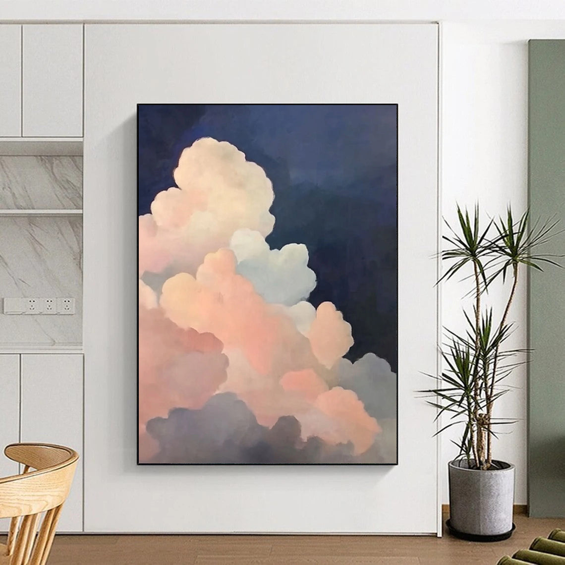 Contemporary hand-painted abstract artwork featuring soft pink and dark blue clouds with atmospheric lighting inspired by Michael Pitcher's style. DLZ1412