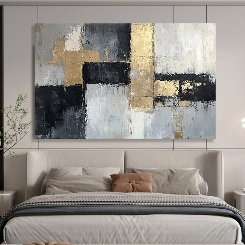 “Gold Accents on Gray Abstract” - Gray, white, black, gold; Abstract with geometric shapes and gold accents; Acrylic Painting On Canvas HB1268