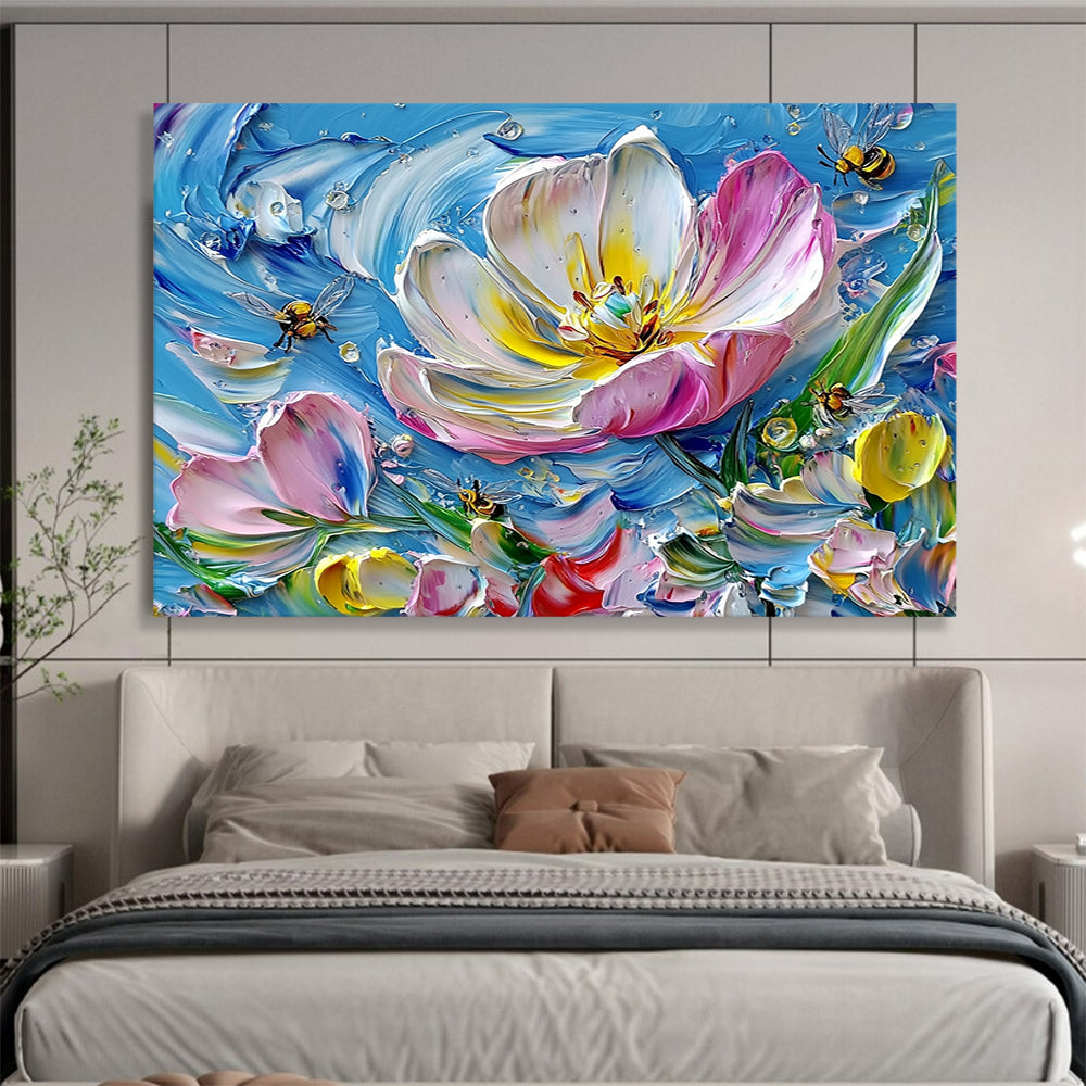 3D Textured Flower with Bees on Blue - Impasto Floral Painting On Canvas HB0447
