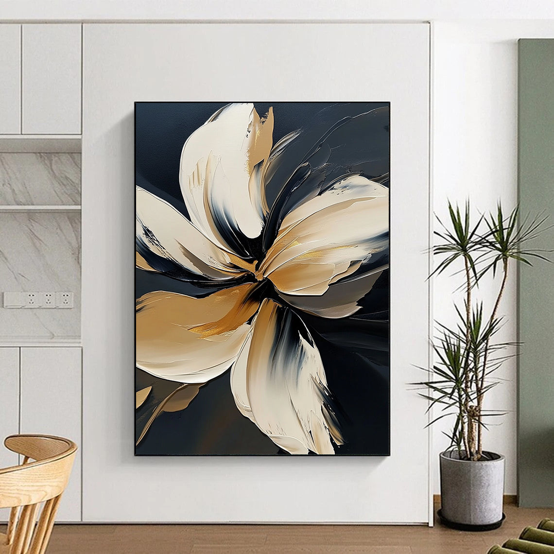 Contemporary abstract floral painting in bold white on black, featuring elegant detailing and atmospheric brushstrokes with golden highlights in high resolution. DLZ0826