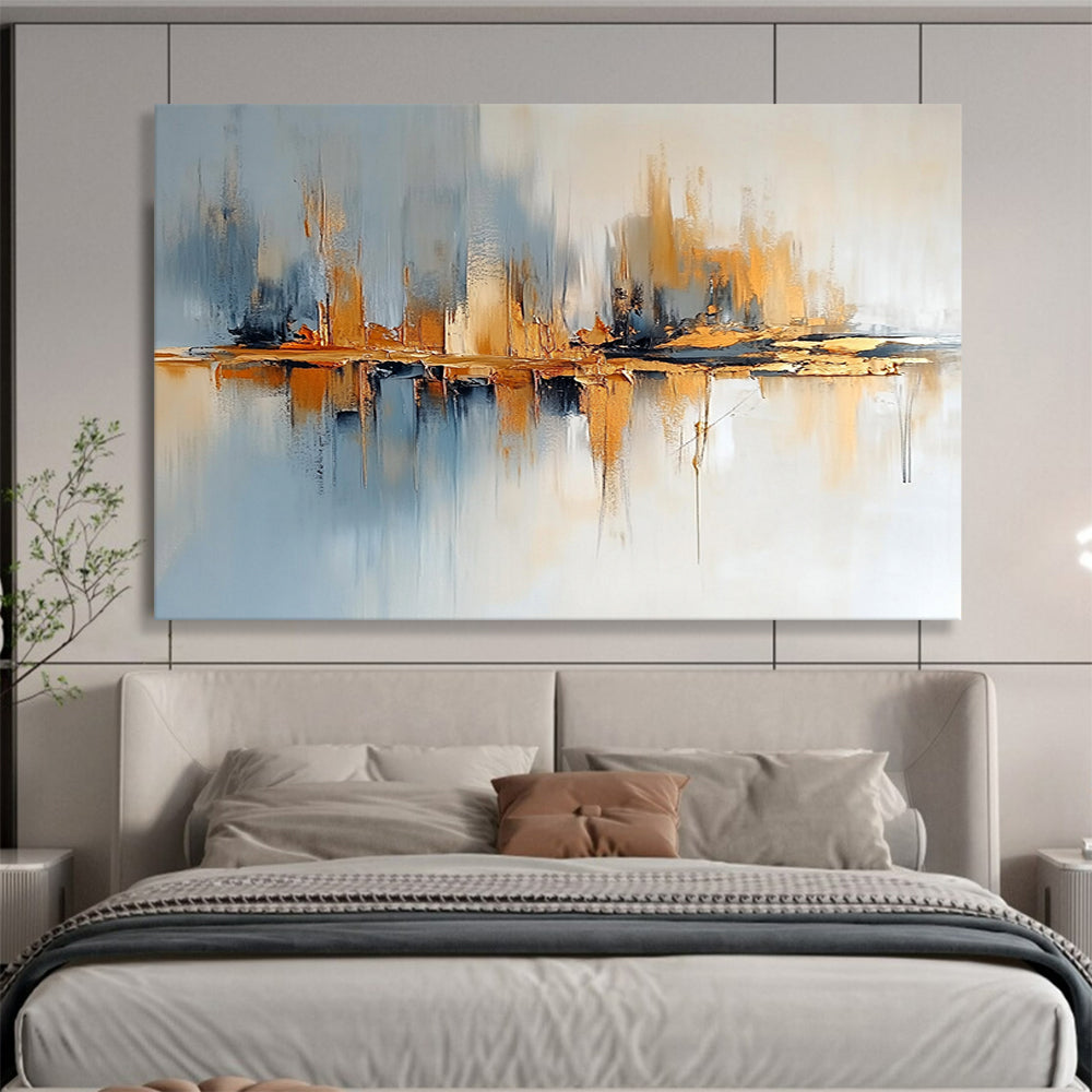 “Abstract Cityscape with Reflection” - Gray, blue, gold; Abstract cityscape with reflective elements; Acrylic Painting On Canvas HB1243