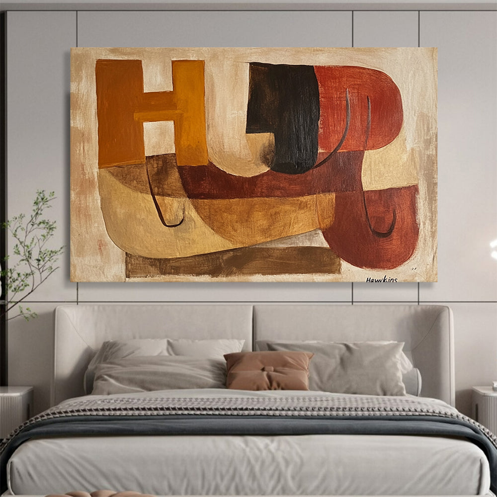 “Abstract Letters & Shapes” - Brown, Orange, Red, Geometric Abstract Painting On Canvas HB0678