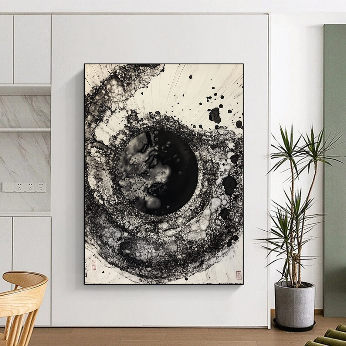 Black & White Bubbly Circular Ink - “Ethereal Ink Bubble” Painting On Canvas HB223
