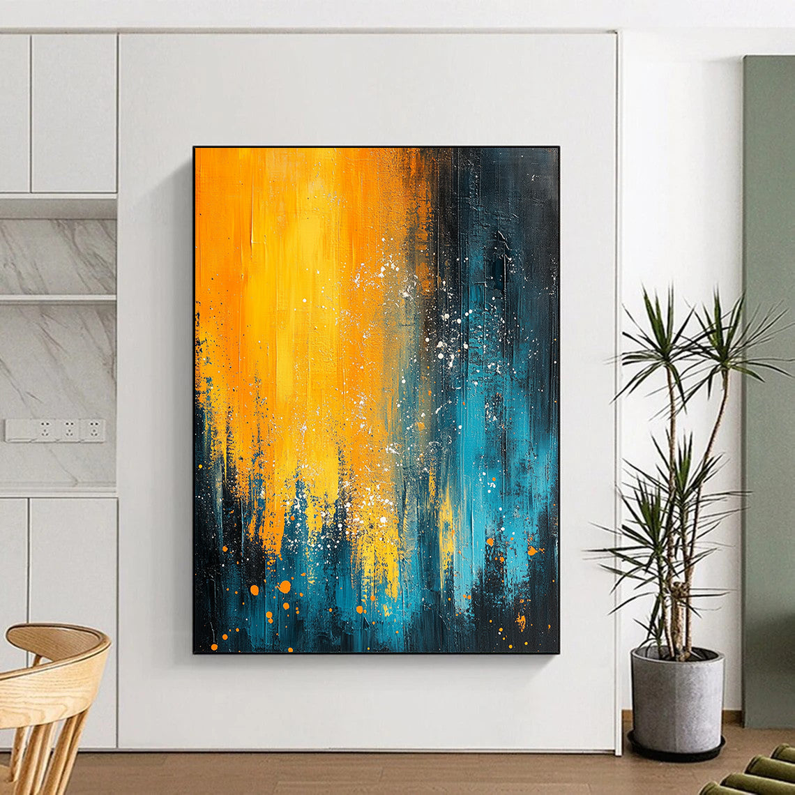 Contemporary abstract painting featuring blue and yellow hues with organic white splashes evokes nature's essence through fluid movement and depth. DLZ0353