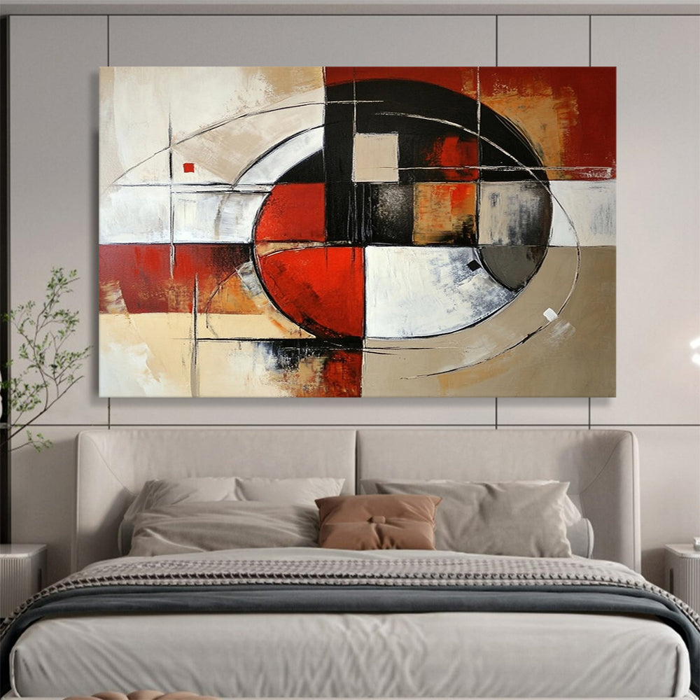 “Circular Geometric Abstract” - Red, black, white, beige, gray; Circular and linear geometric abstract; Acrylic Painting On Canvas HB1242