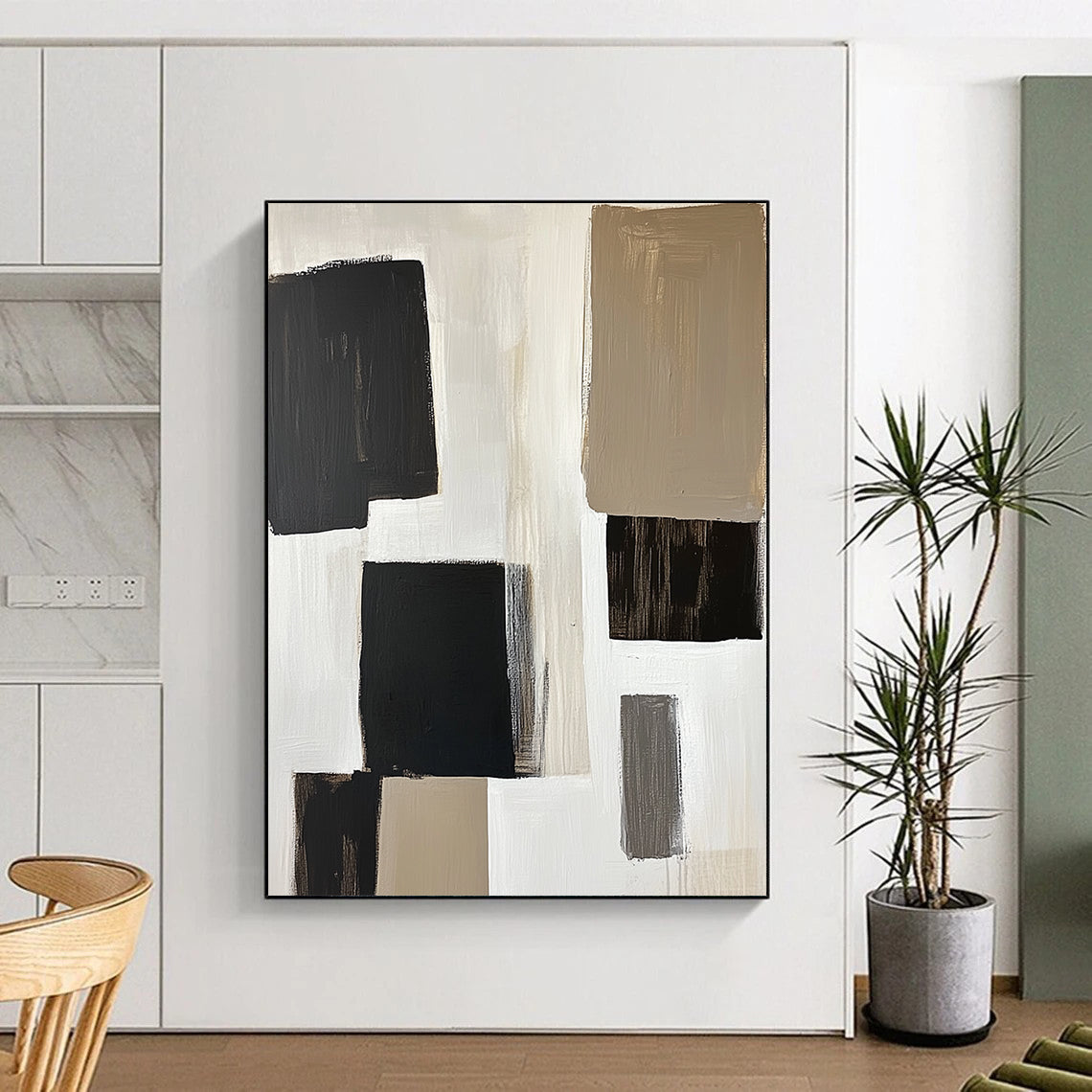 Contemporary abstract artwork featuring large white blocks and stylish black squares, minimalist design with neutral tones for an elegant touch. DLZ0547