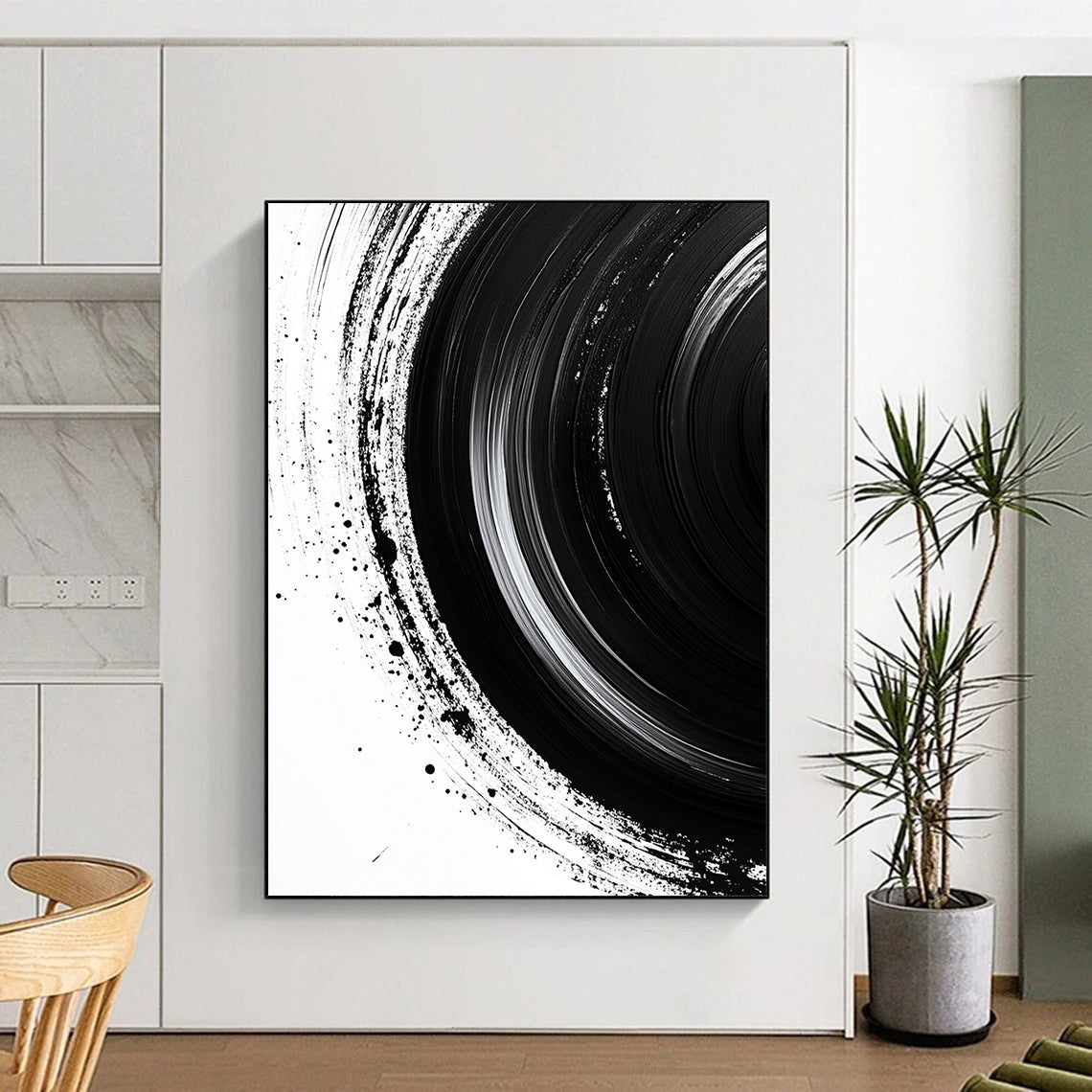 Black Concentric Brushstrokes on White - “Infinite Ink Vortex” Painting On Canvas HB217