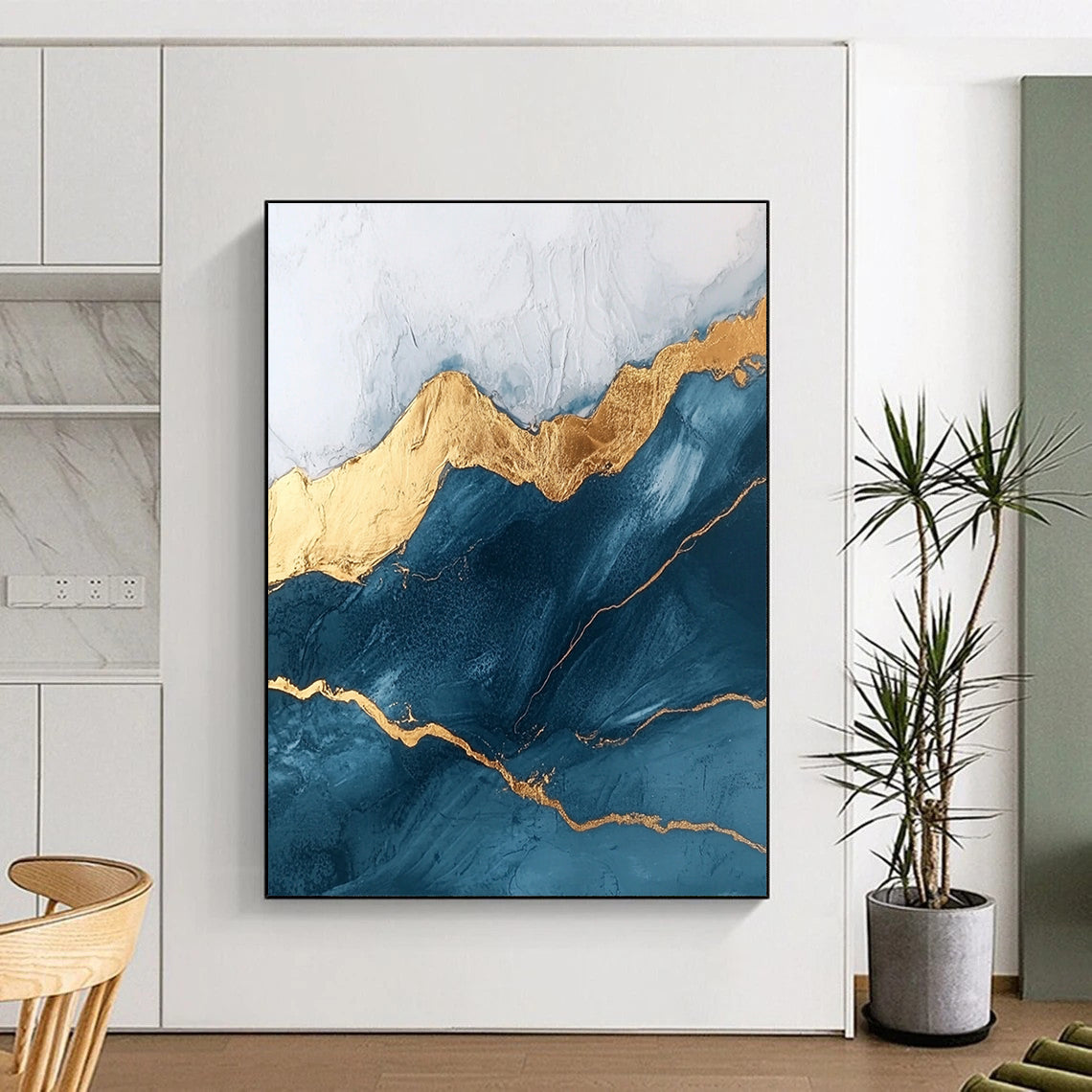 Contemporary abstract art featuring marble texture and rounded edges adorned with golden lines in a dark blue and white mountain peak theme. DLZ1591