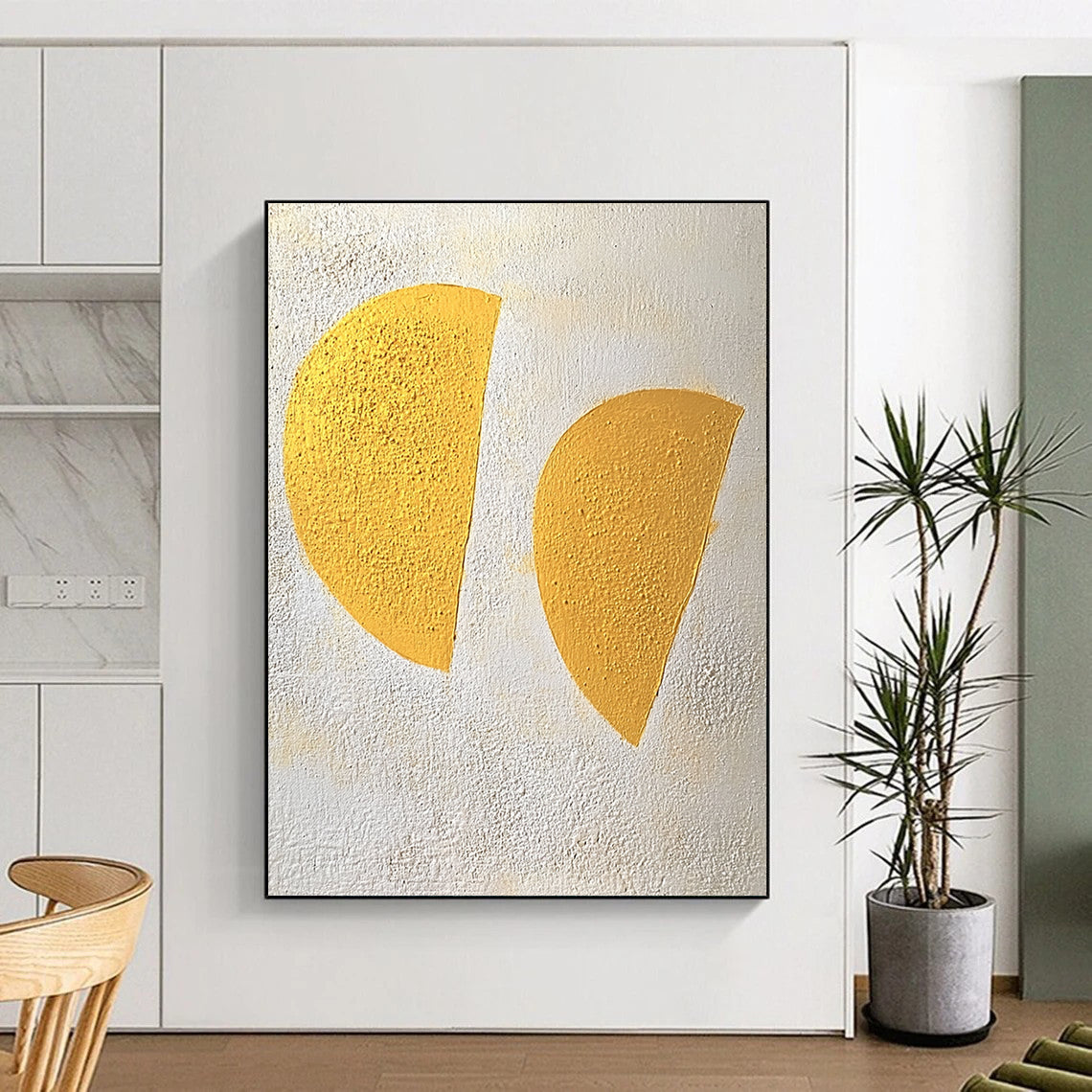 Large contemporary hand-painted abstract art featuring two yellow half-circles against a textured white and gray background in a soft color palette. DLZ1429