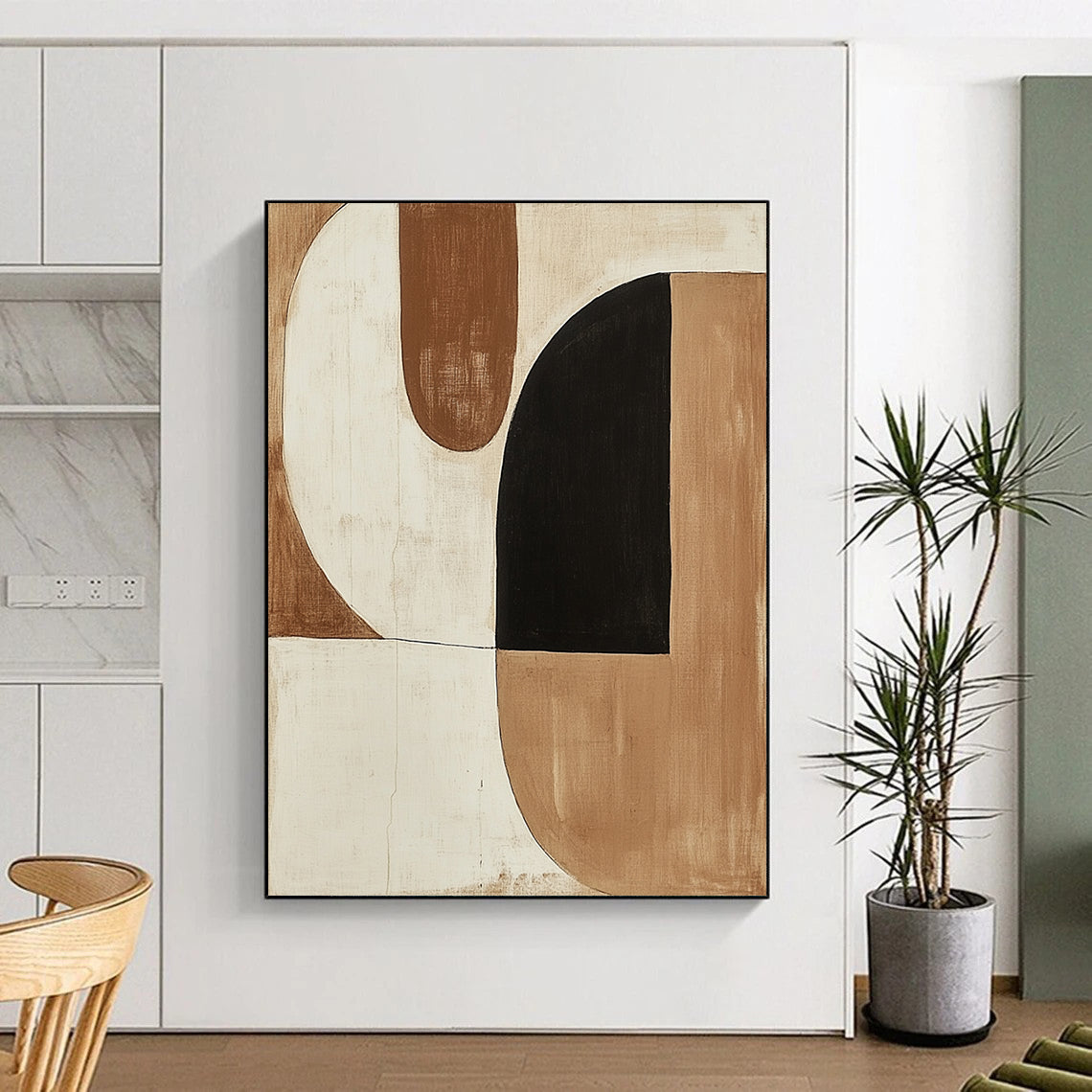Large contemporary hand-painted abstract artwork featuring minimalist shapes in earth tones and a striking black shape. DLZ1135