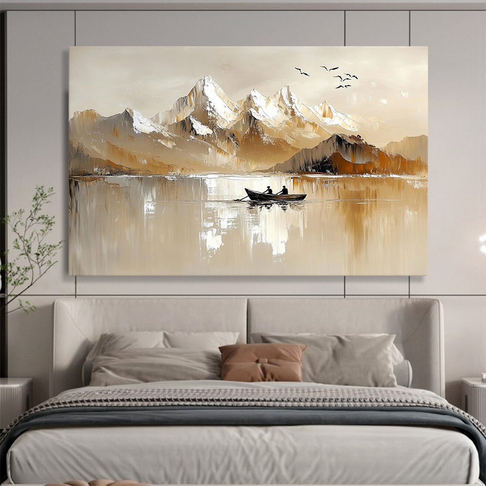 “Mountain Serenity” - Warm beiges, whites, browns; Snow - capped peaks, lake, rowboat, birds; Minimalist Landscape Painting On Canvas HB1147