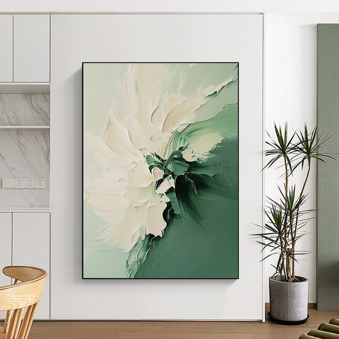 Contemporary abstract painting featuring a white and green flower with fluid shapes soft edges and vibrant colors in a dreamy texture. DLZ0606