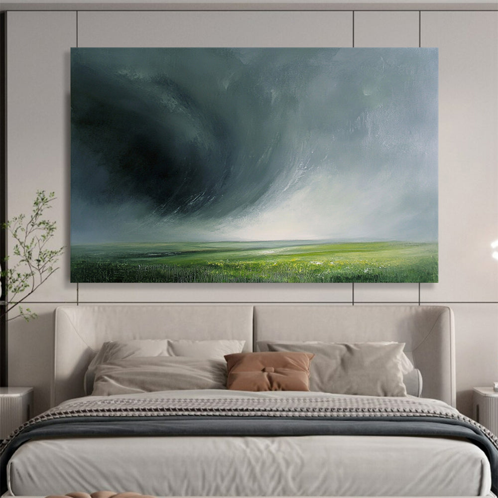 “Stormy Green Horizon” - Dark gray storm, lush green field, Dramatic Landscape Painting On Canvas HB0579