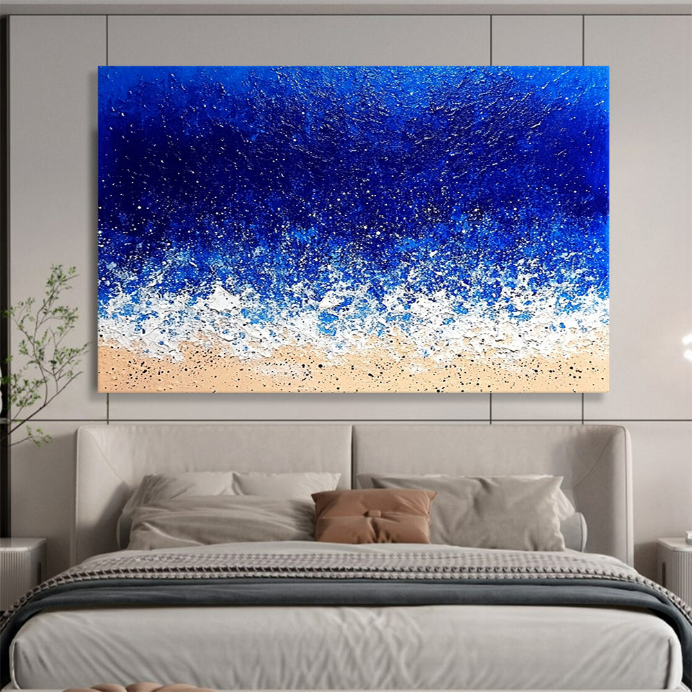 “Textured Ocean Waves” - Deep blues, whites, beiges; Impasto waves crashing on a sandy beach; Palette Knife Acrylic Painting On Canvas HB1184