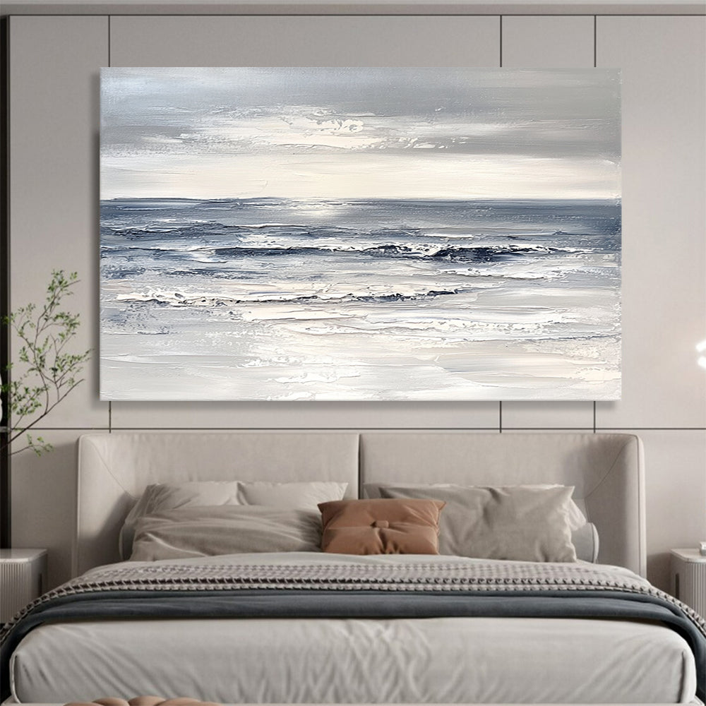 “Gray and White Seascape” - Gray, White, Textured Ocean Painting On Canvas HB1011